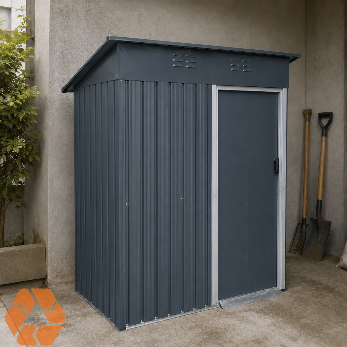Cobertizo de almacenamiento compacto en acero gris con puerta frontal, diseño resistente y ventilación integrada.