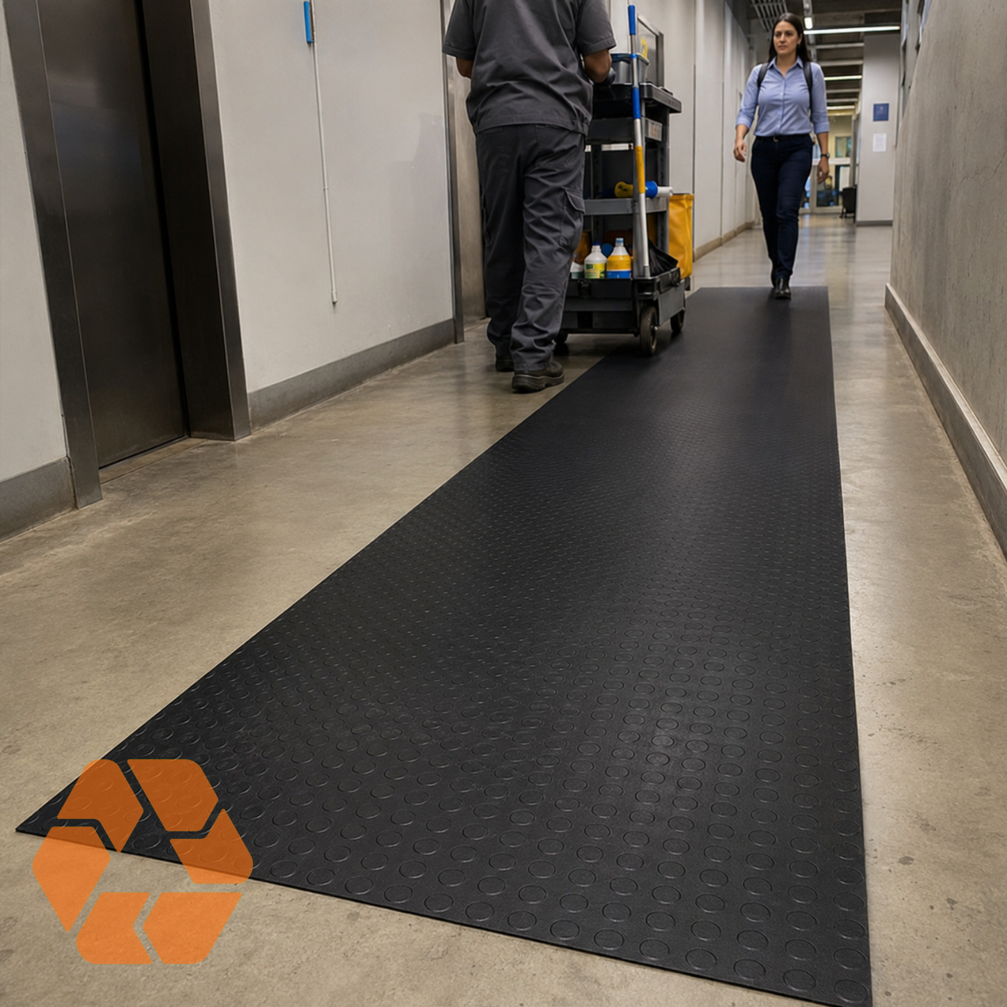 Piso de goma negro antideslizante con textura estriada, ideal para pasillos de alto tráfico y máxima seguridad.