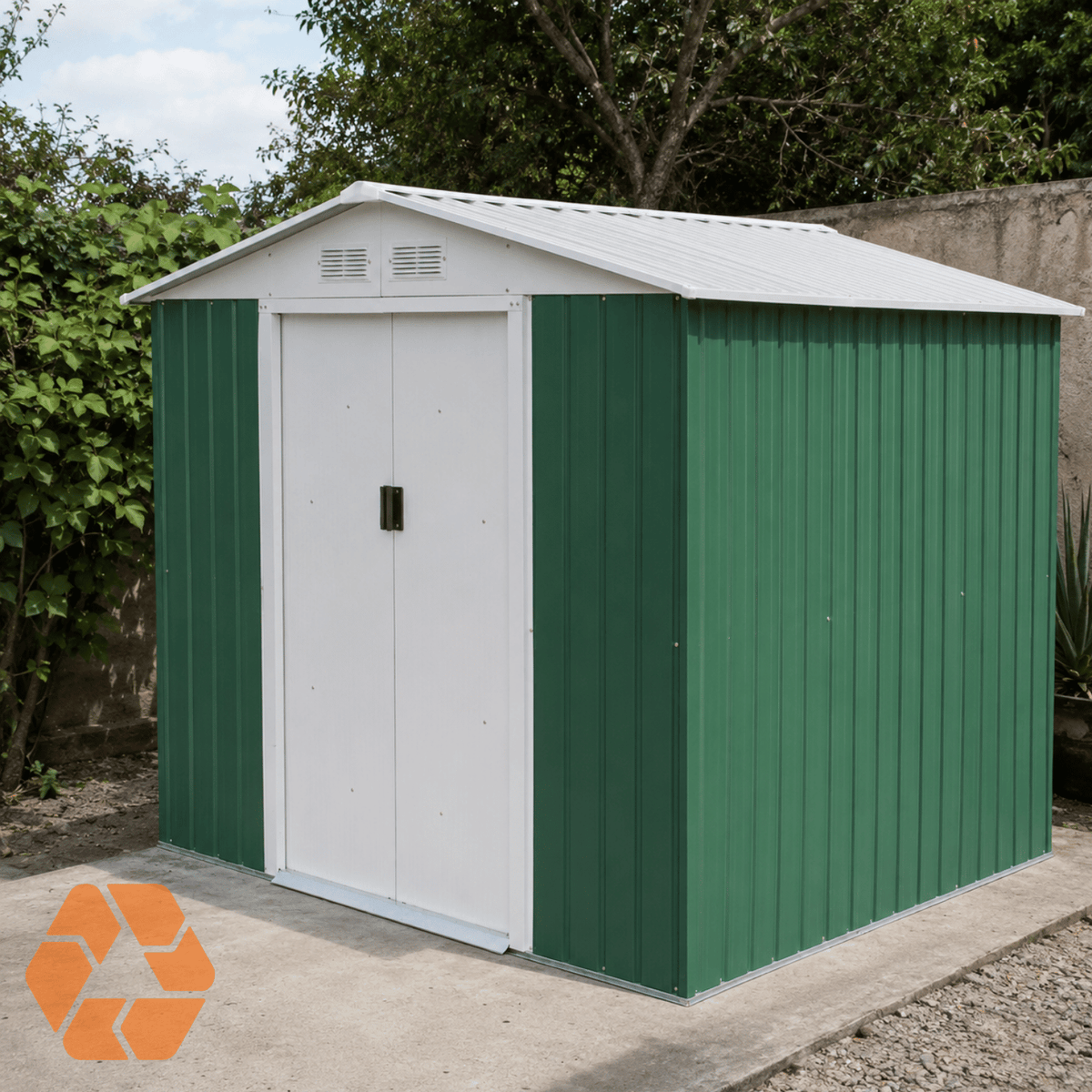 Bodega metálica Archer de 4,07 m² en color verde y blanco, con puertas correderas y techo resistente para jardín.