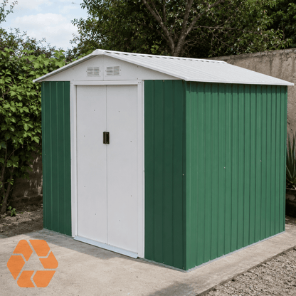 Bodega metálica Archer de 4,07 m² en color verde y blanco, con puertas correderas y techo resistente para jardín.