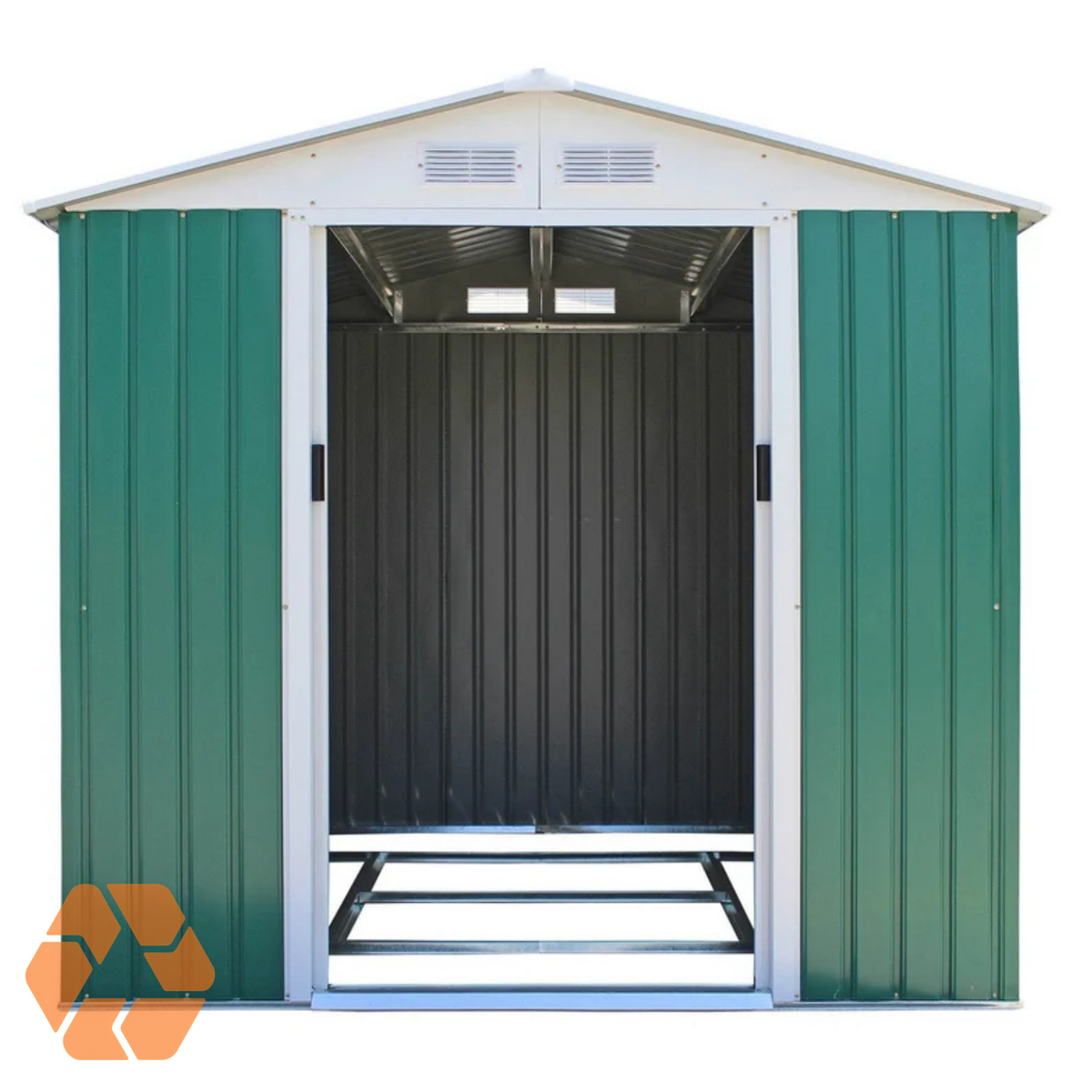 Bodega metálica verde Archer de 4,07 m² con techo a dos aguas, puertas correderas y estructura base resistente.
