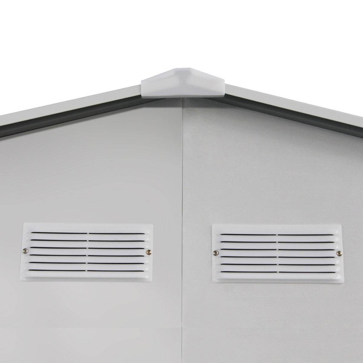 Detalle del techo a dos aguas y rejillas de ventilación de bodega metálica galvanizada Archer de 4,07 m².