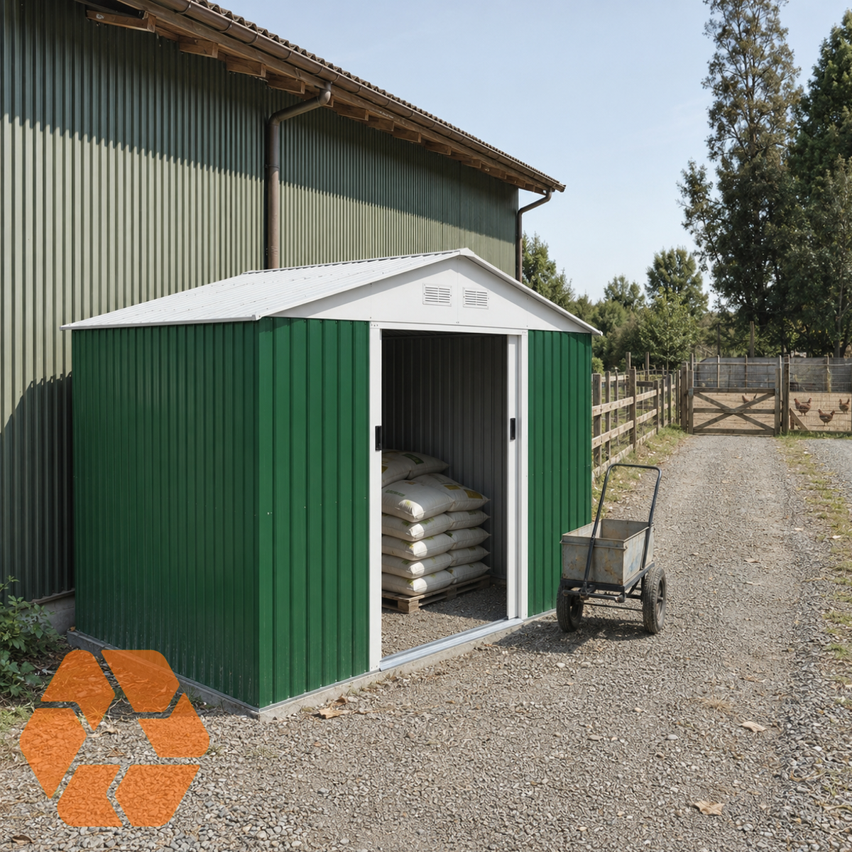 Bodega metálica verde Archer de 4,07 m² con puertas correderas, ideal para almacenamiento exterior resistente y duradero.