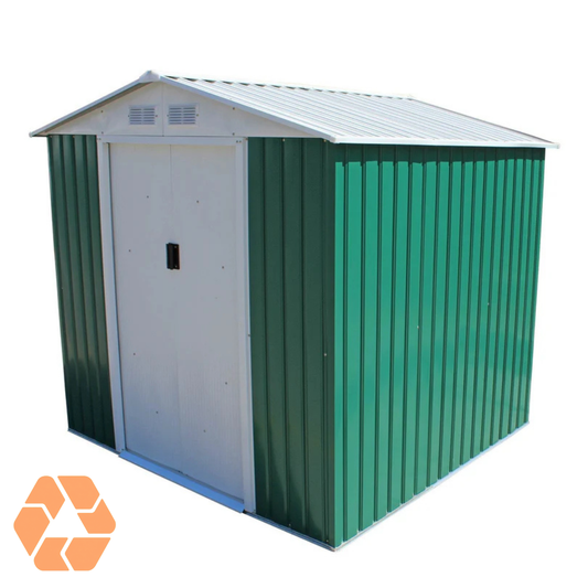 Bodega metálica Archer verde de 4,07 m² con puertas correderas, techo a dos aguas y ventilación para jardín.