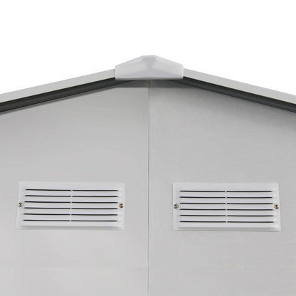 Detalle de ventilación en techo a dos aguas de bodega metálica galvanizada Archer de 5,27 m² en color gris.