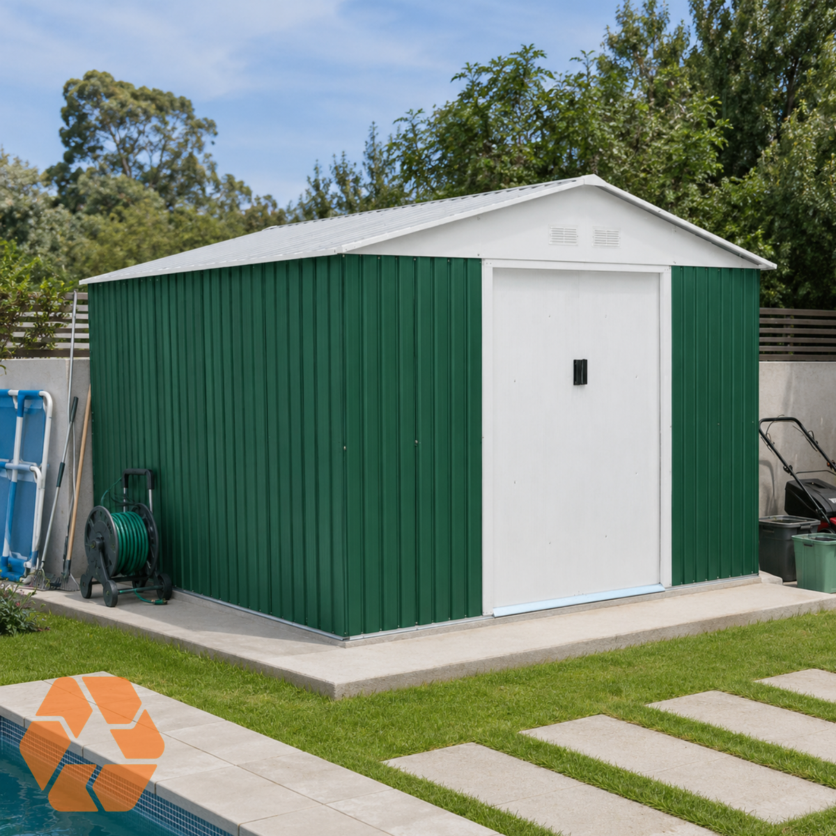Bodega metálica Archer de 5,27 m² en color verde y blanco, con puertas correderas y diseño resistente para jardín.
