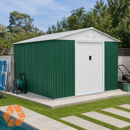 Bodega metálica Archer de 5,27 m² en color verde y blanco, con puertas correderas y diseño resistente para jardín.