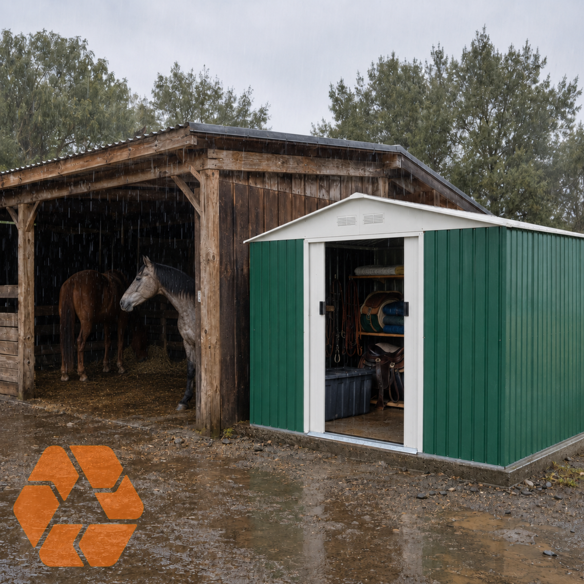 Bodega metálica verde de 7,06 m² con puertas correderas, ideal para organizar herramientas y equipos en exteriores.