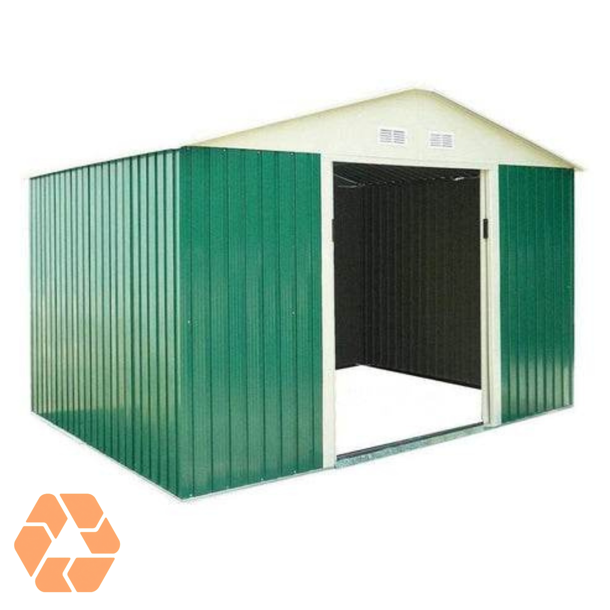 Bodega metálica verde de 7,06 m² con techo a dos aguas, puertas correderas y ventilación, ideal para almacenamiento seguro.