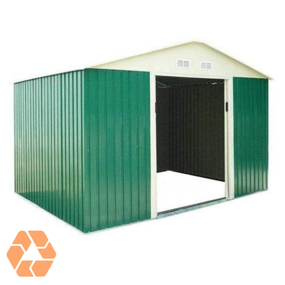 Bodega metálica verde de 7,06 m² con techo a dos aguas, puertas correderas y ventilación, ideal para almacenamiento seguro.