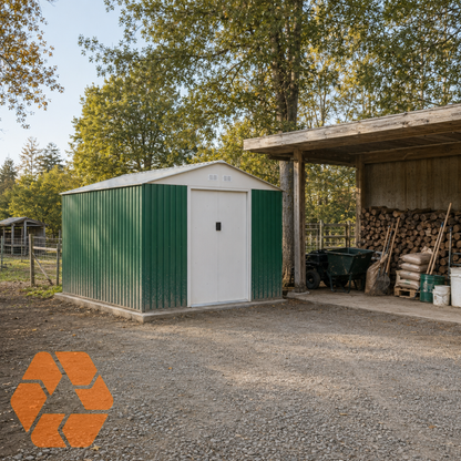 Bodega metálica verde y blanca de 7,06 m² con puertas correderas, ideal para almacenamiento exterior resistente y organizado.