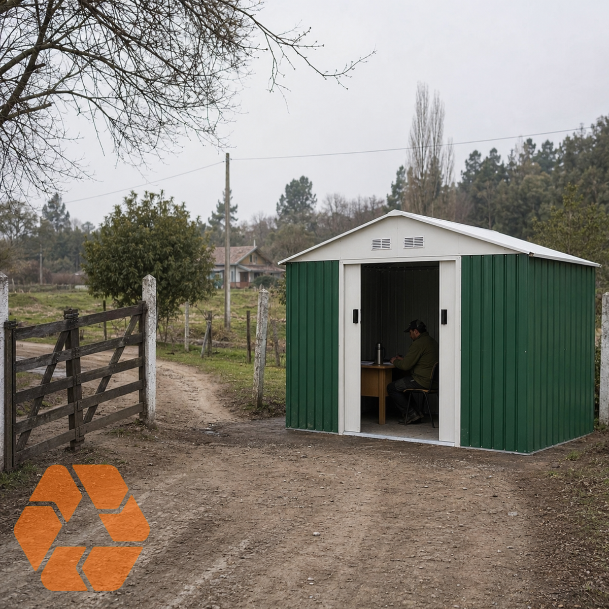 Bodega metálica verde de 7,06 m² con puertas correderas, ideal como taller o cobertizo resistente para exteriores.