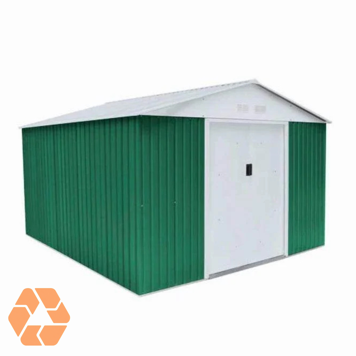 Bodega metálica verde de 7,06 m² con techo a dos aguas, puertas correderas blancas y diseño resistente para exteriores.