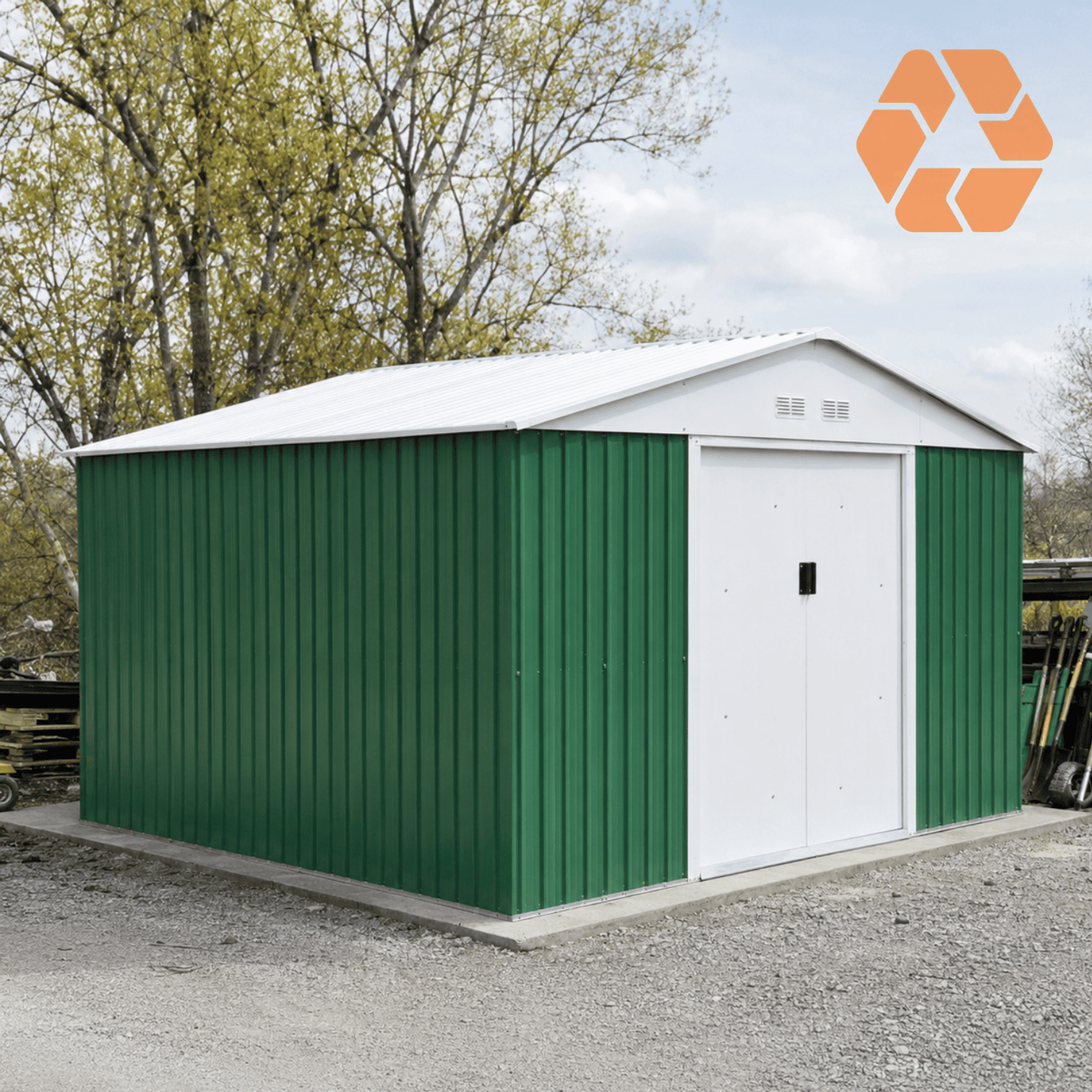 Bodega metálica prefabricada Archer de 8,84 m² en color verde con puertas correderas blancas y techo a dos aguas resistente.