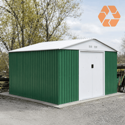 Bodega metálica prefabricada Archer de 8,84 m² en color verde con puertas correderas blancas y techo a dos aguas resistente.