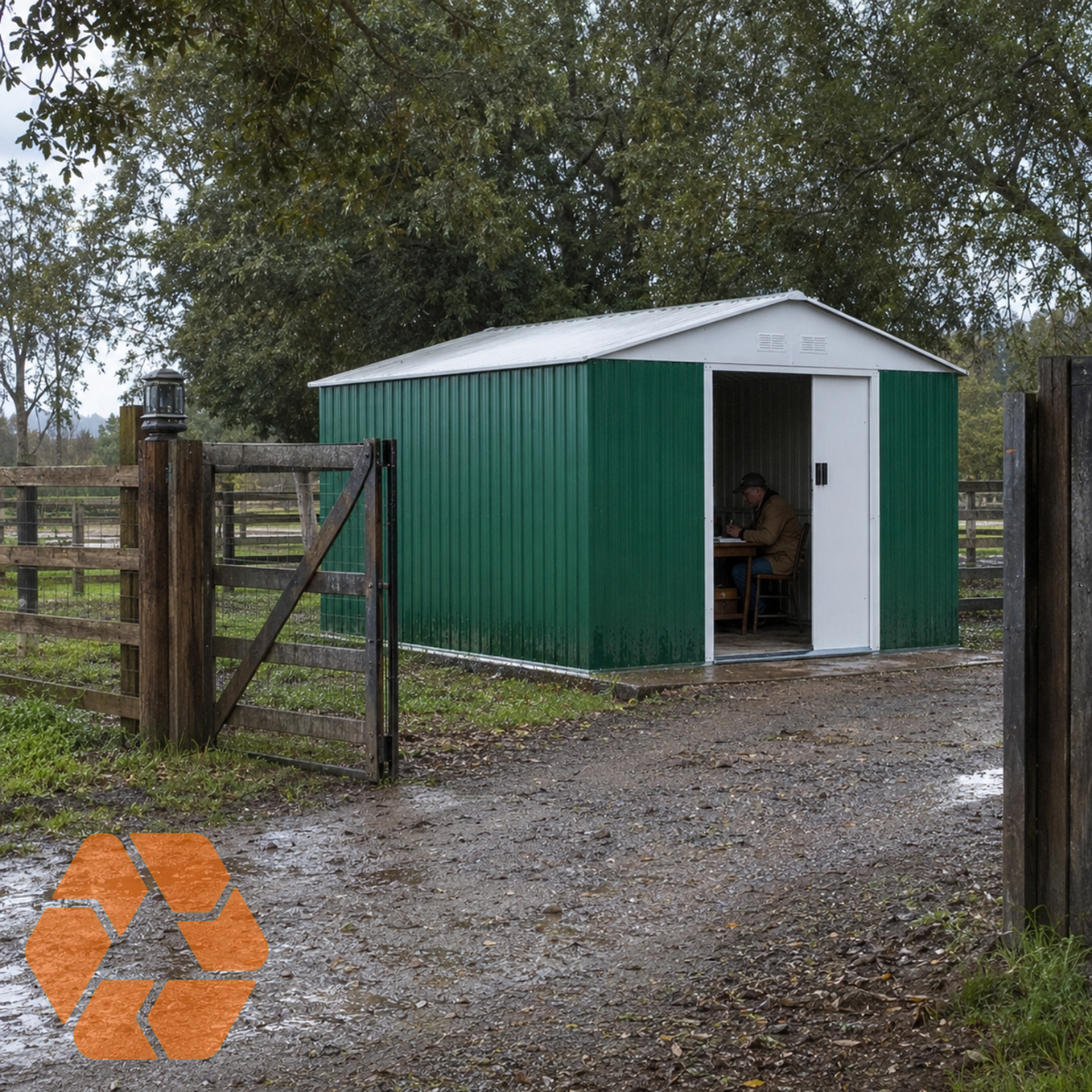 Bodega metálica verde de 8,84 m² con puertas correderas, ideal para almacenamiento seguro en exteriores y uso operativo.