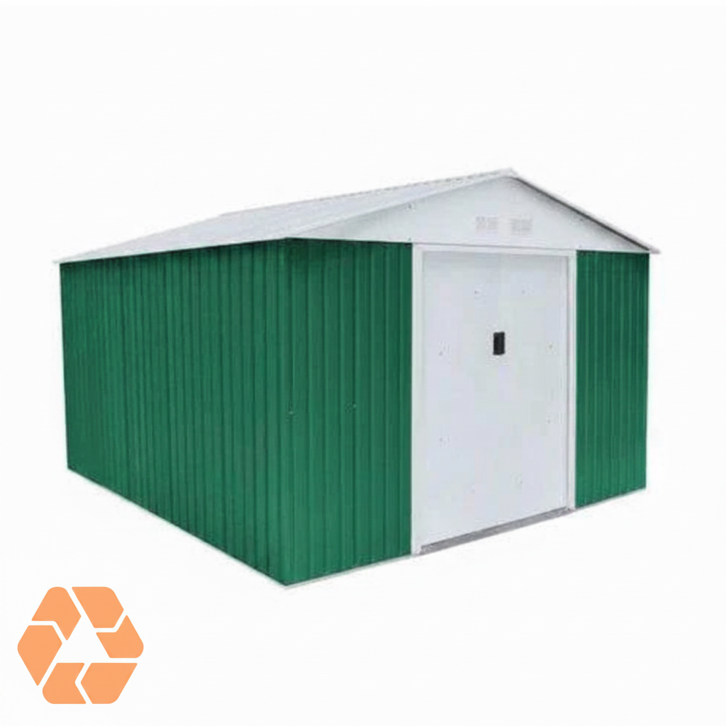Bodega metálica verde de 8,84 m² con techo a dos aguas, puertas correderas blancas y estructura galvanizada resistente.