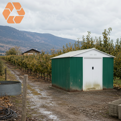 Bodega metálica verde de 10,85 m² con puertas correderas blancas, ideal para almacenamiento exterior resistente.