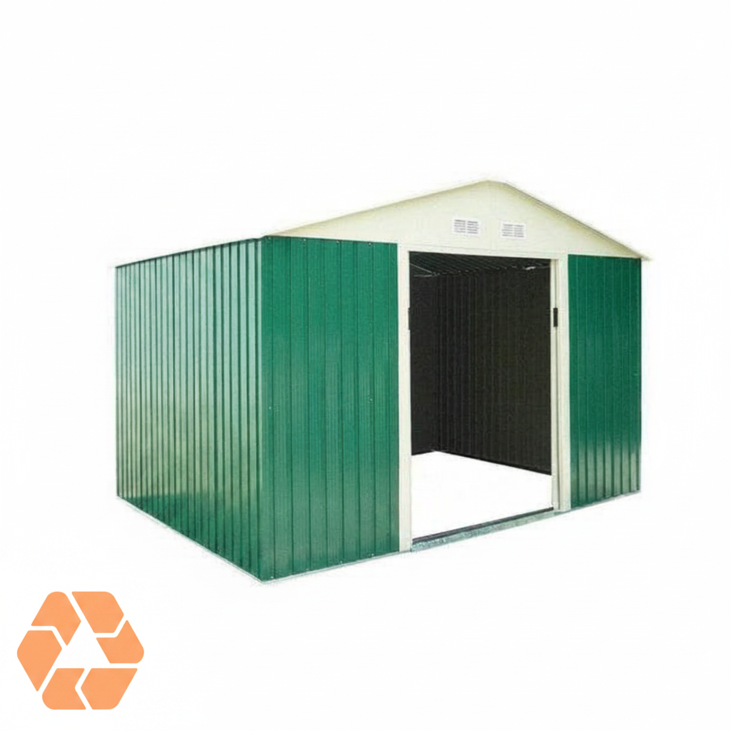 Bodega metálica verde de 10,85 m² con techo a dos aguas, diseño resistente y ventilación para almacenamiento exterior.