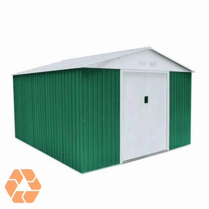 Bodega metálica verde de 10,85 m² con techo a dos aguas, puertas correderas blancas y estructura galvanizada resistente.