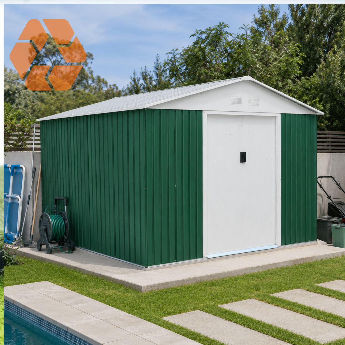 Bodega metálica Archer G de 13m² en color verde y blanco, con techo a dos aguas y puertas correderas para almacenamiento seguro.