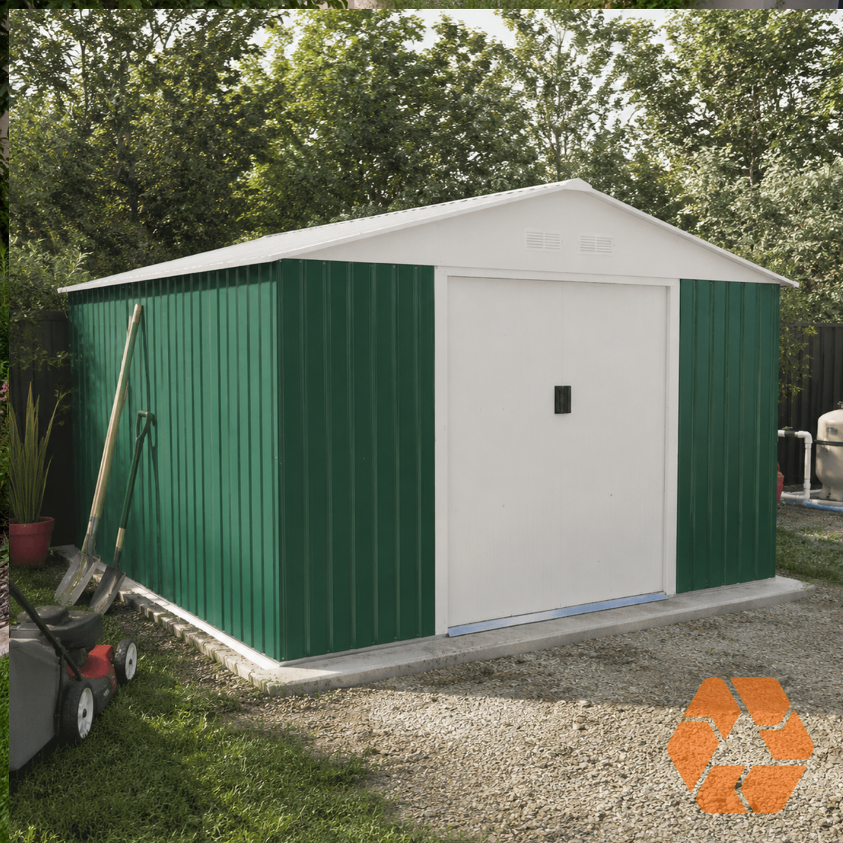 Bodega metálica Archer G de 13m² en color verde y blanco, con techo a dos aguas y puertas correderas de alta seguridad.