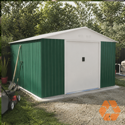 Bodega metálica Archer G de 13m² en color verde y blanco, con techo a dos aguas y puertas correderas de alta seguridad.