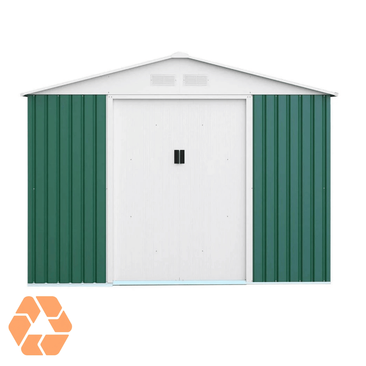 Bodega institucional Archer de 15,16 m² en metal galvanizado verde y blanco con puertas correderas y ventilación.