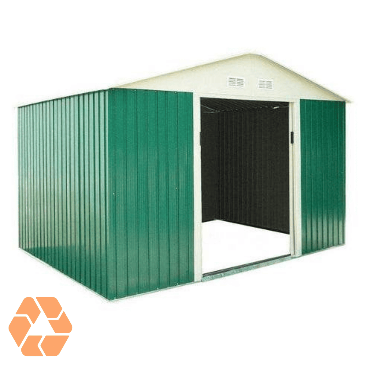 Bodega institucional Archer de 15,16m² en metal galvanizado verde con techo a dos aguas y puertas correderas amplias.