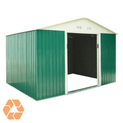 Bodega institucional Archer de 15,16m² en metal galvanizado verde con techo a dos aguas y puertas correderas amplias.