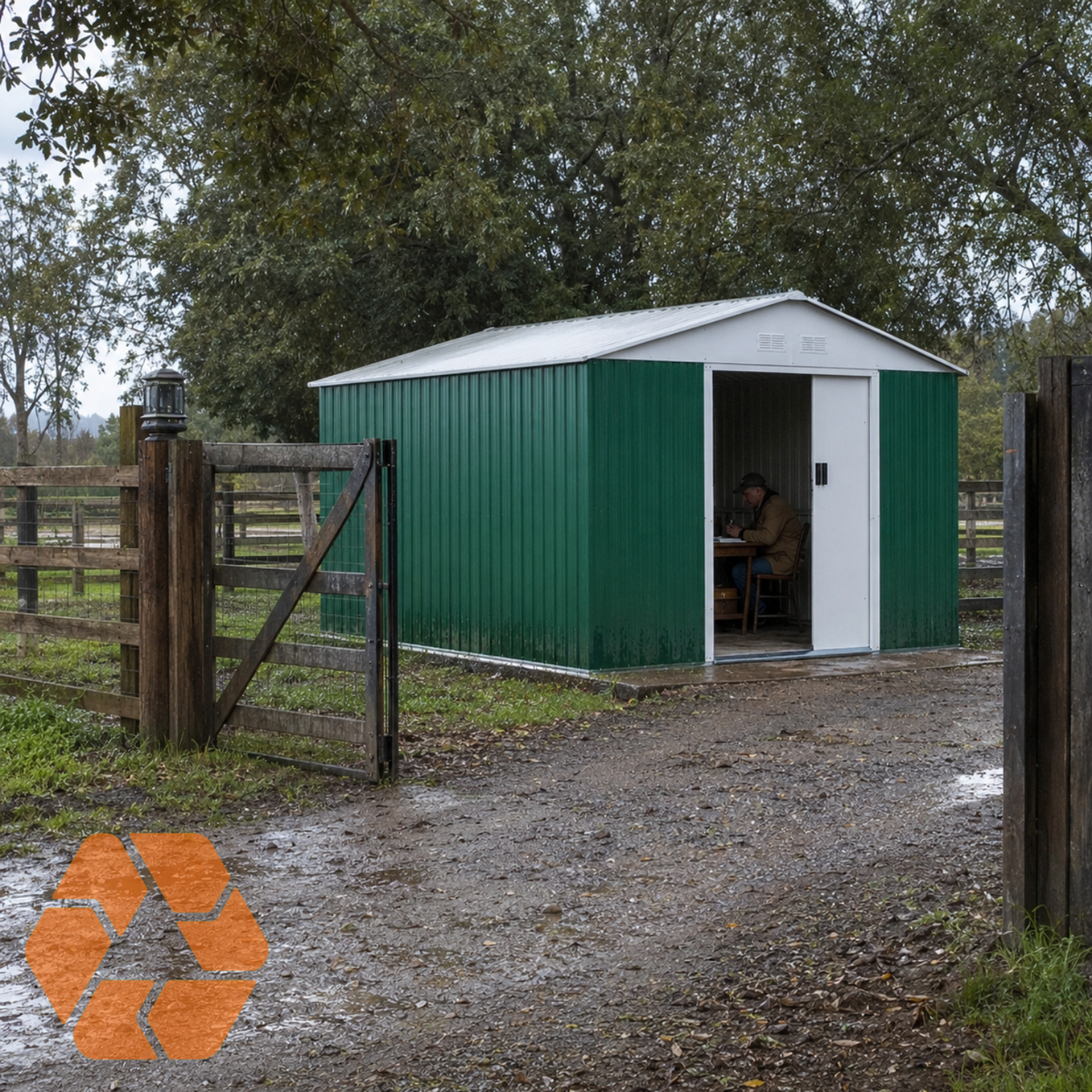 Bodega metálica verde Archer de 15,16 m² con puertas correderas, ideal para almacenamiento institucional resistente.