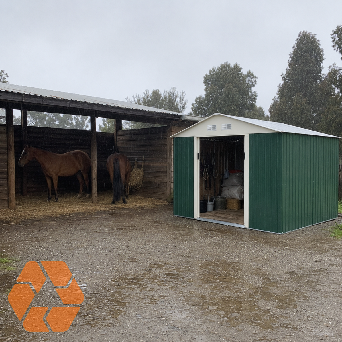 Bodega metálica verde Archer de 15,16 m² con puertas correderas, ideal para almacenamiento institucional y agrícola.
