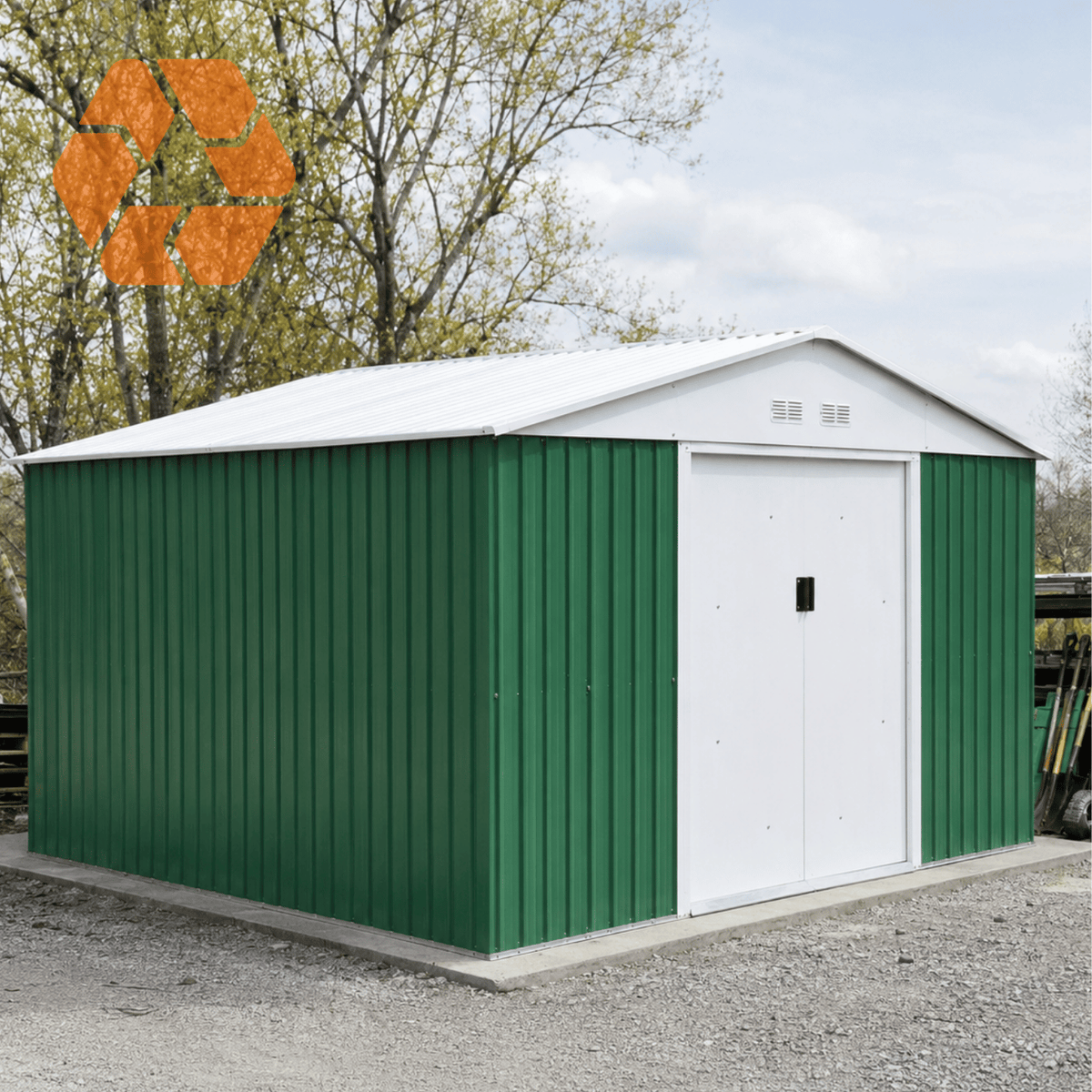 Bodega institucional Signet Archer de 15,16m² en metal galvanizado verde y blanco con puertas correderas y techo a dos aguas.