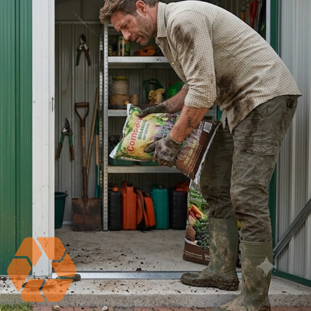 Bodega metálica verde de 15,16 m² con estanterías organizadoras, ideal para almacenamiento institucional y herramientas.