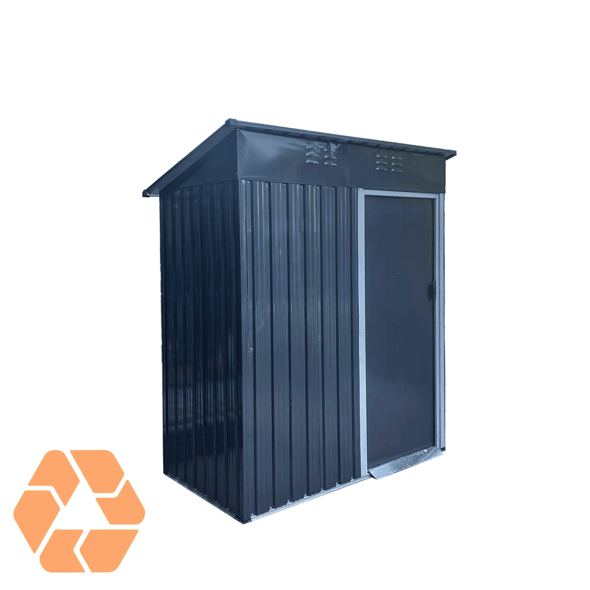 Cobertizo de almacenamiento compacto en acero galvanizado color gris oscuro con puerta frontal y techo inclinado.