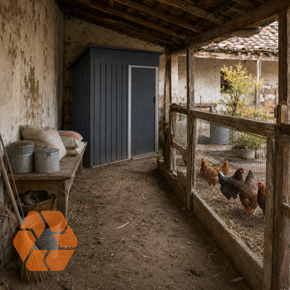 Bodega de almacenamiento gris de acero galvanizado con puerta frontal, instalada en un patio rústico junto a un gallinero.