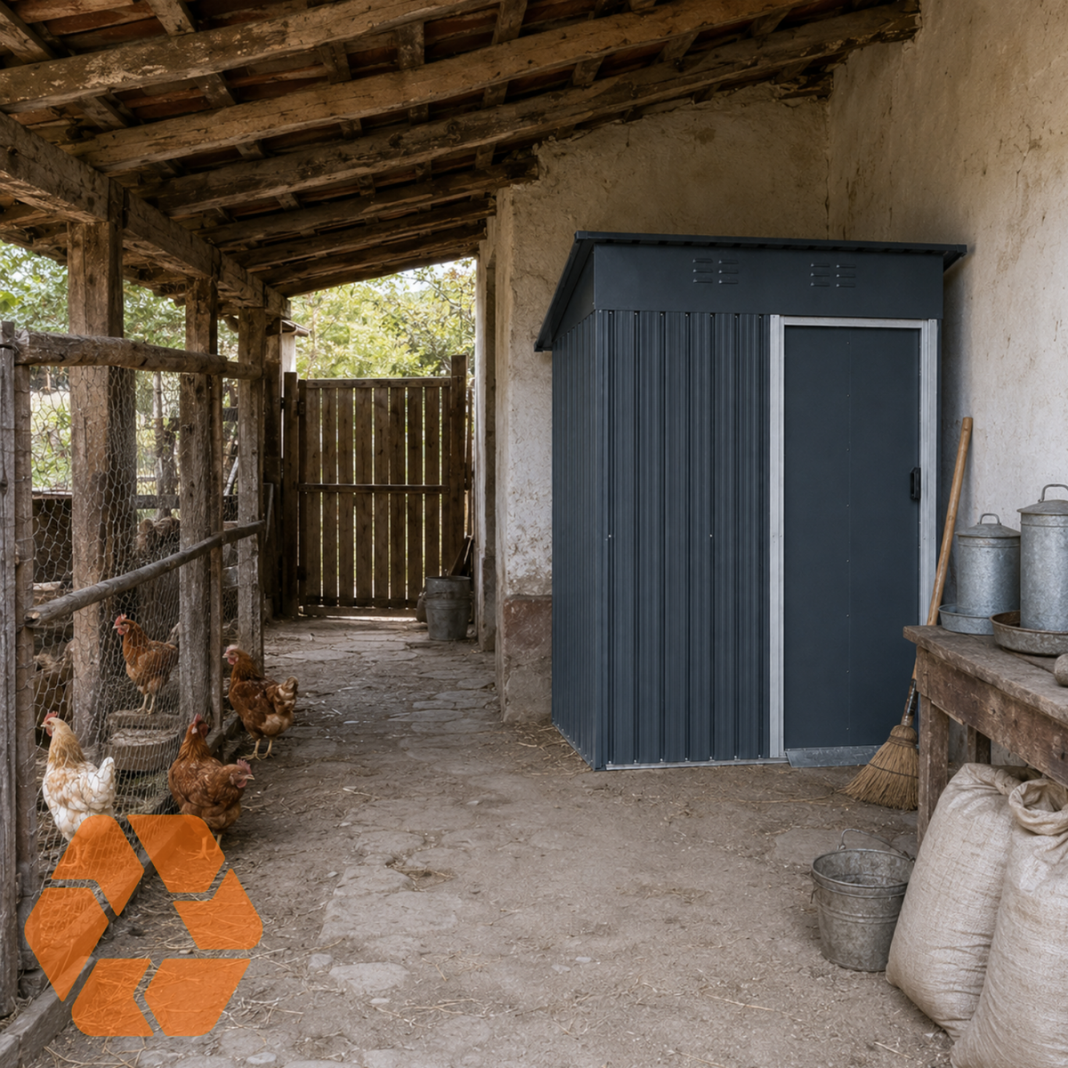 Bodega lateral de acero gris oscuro con puerta frontal, instalada en un patio rústico junto a un gallinero.