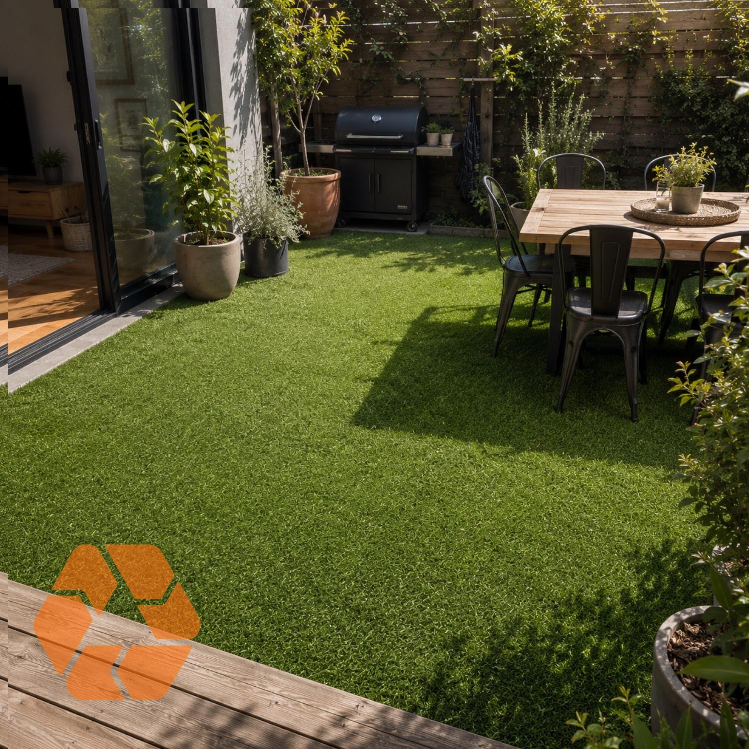 Pasto sintético verde de 20mm en un patio residencial, ideal para decorar espacios exteriores con un acabado natural y duradero.