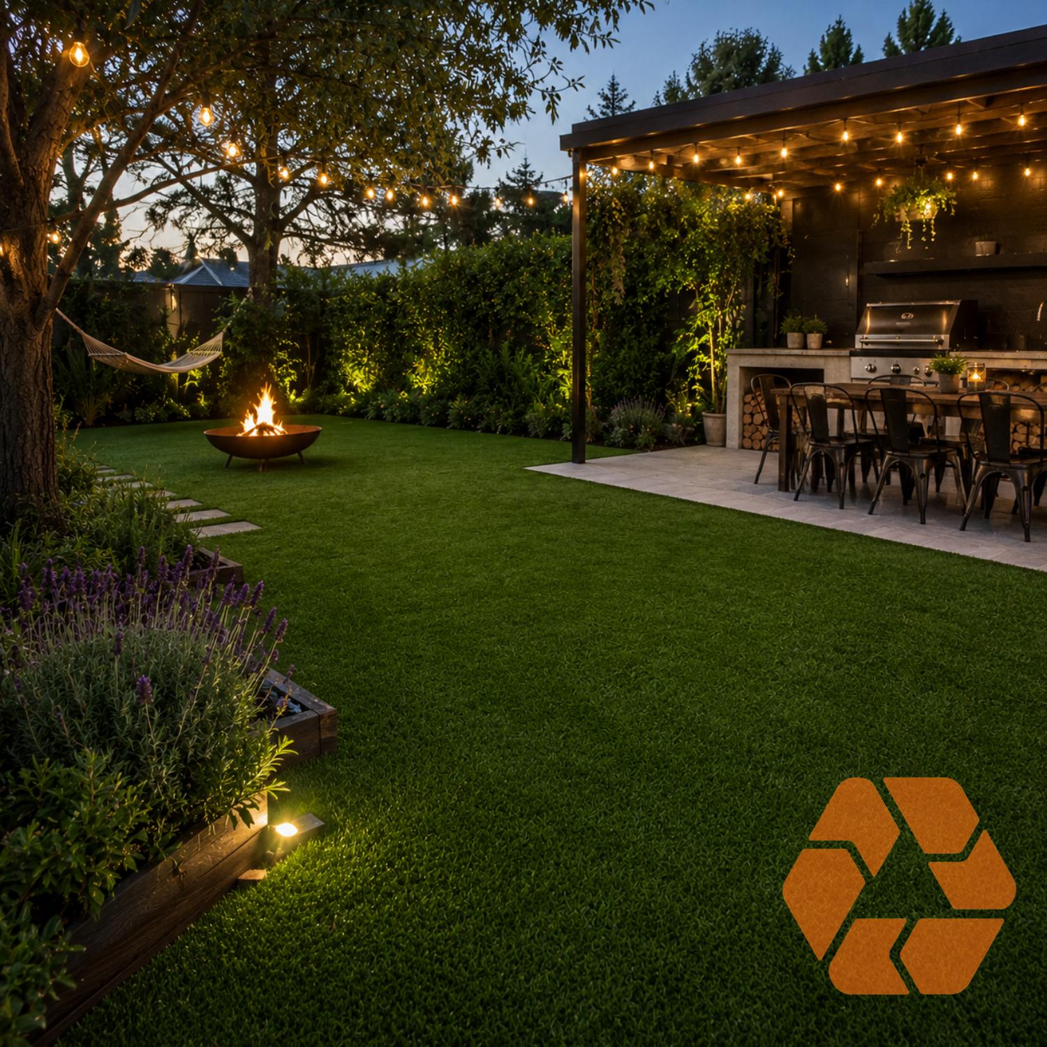 Pasto sintético de 25mm en un jardín acogedor con iluminación cálida, ideal para espacios exteriores duraderos y ecológicos.