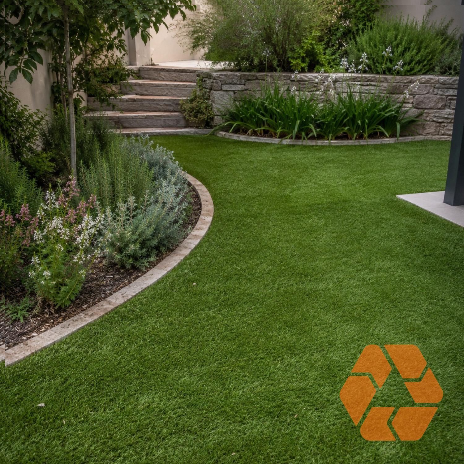 Pasto sintético de 30mm en un jardín residencial, ofreciendo una superficie verde, realista y de fácil drenaje para exteriores.
