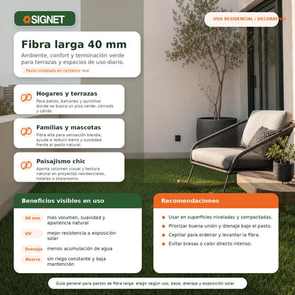 Pasto sintético de 40mm en terraza residencial, con textura realista, resistente a rayos UV y diseño decorativo de alta calidad.