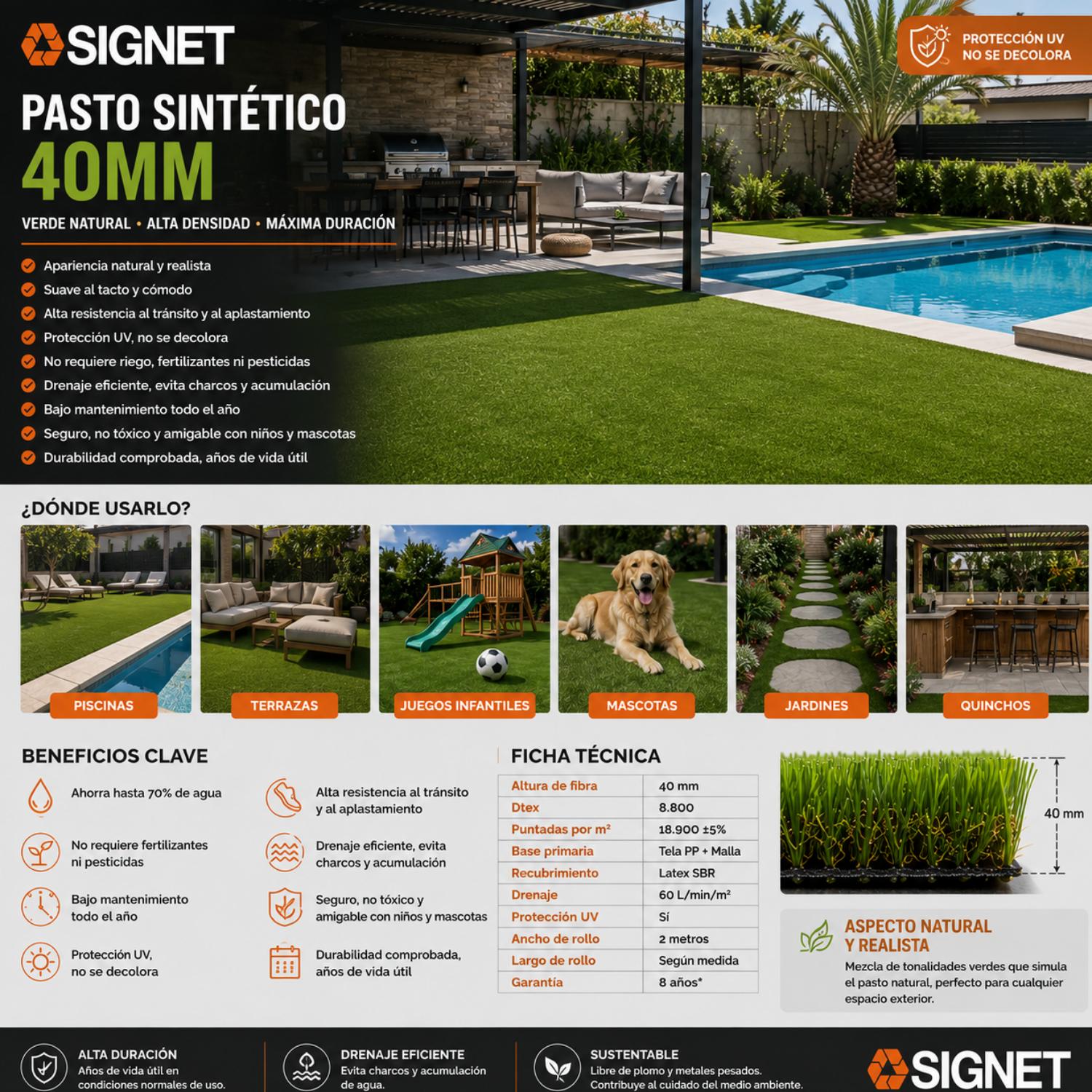 Pasto sintético de 40mm con protección UV, ideal para jardines, piscinas y terrazas con un acabado verde natural y realista.