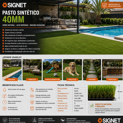 Pasto sintético de 40mm con protección UV, ideal para jardines, piscinas y terrazas con un acabado verde natural y realista.
