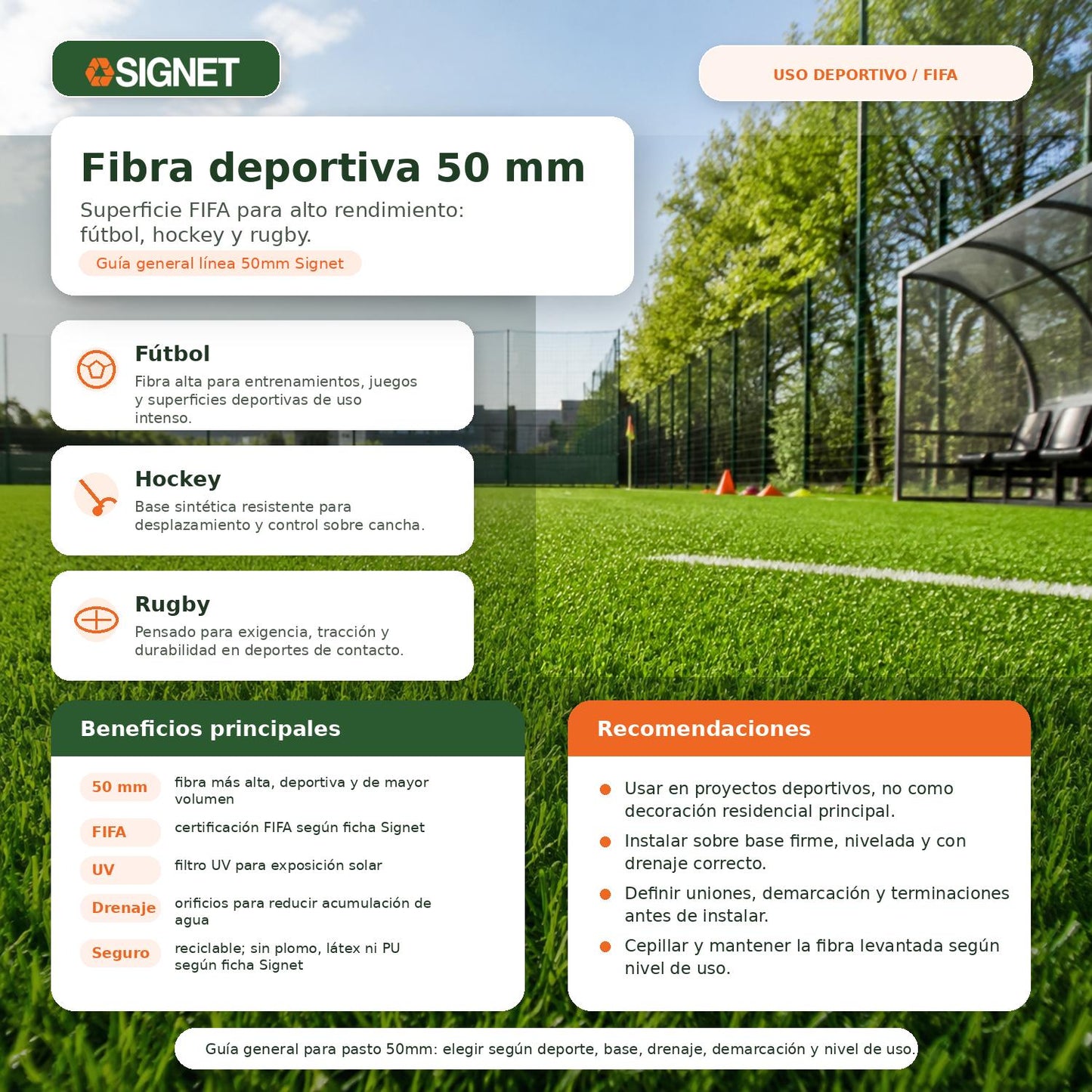 Pasto sintético deportivo de 50mm con certificación FIFA, ideal para canchas de fútbol, hockey y rugby de alta resistencia.