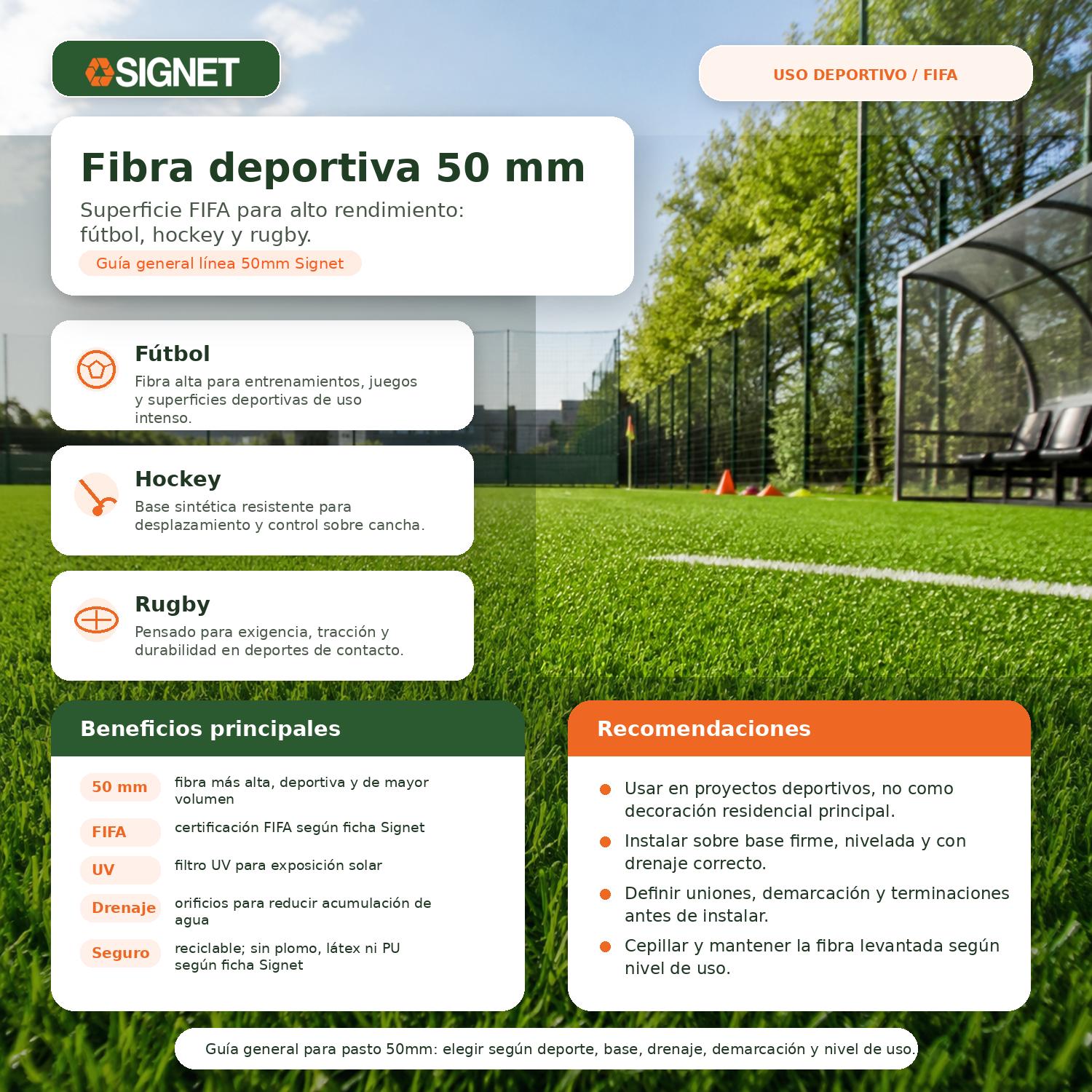 Pasto sintético deportivo de 50mm con certificación FIFA, ideal para canchas de fútbol, hockey y rugby de alta resistencia.