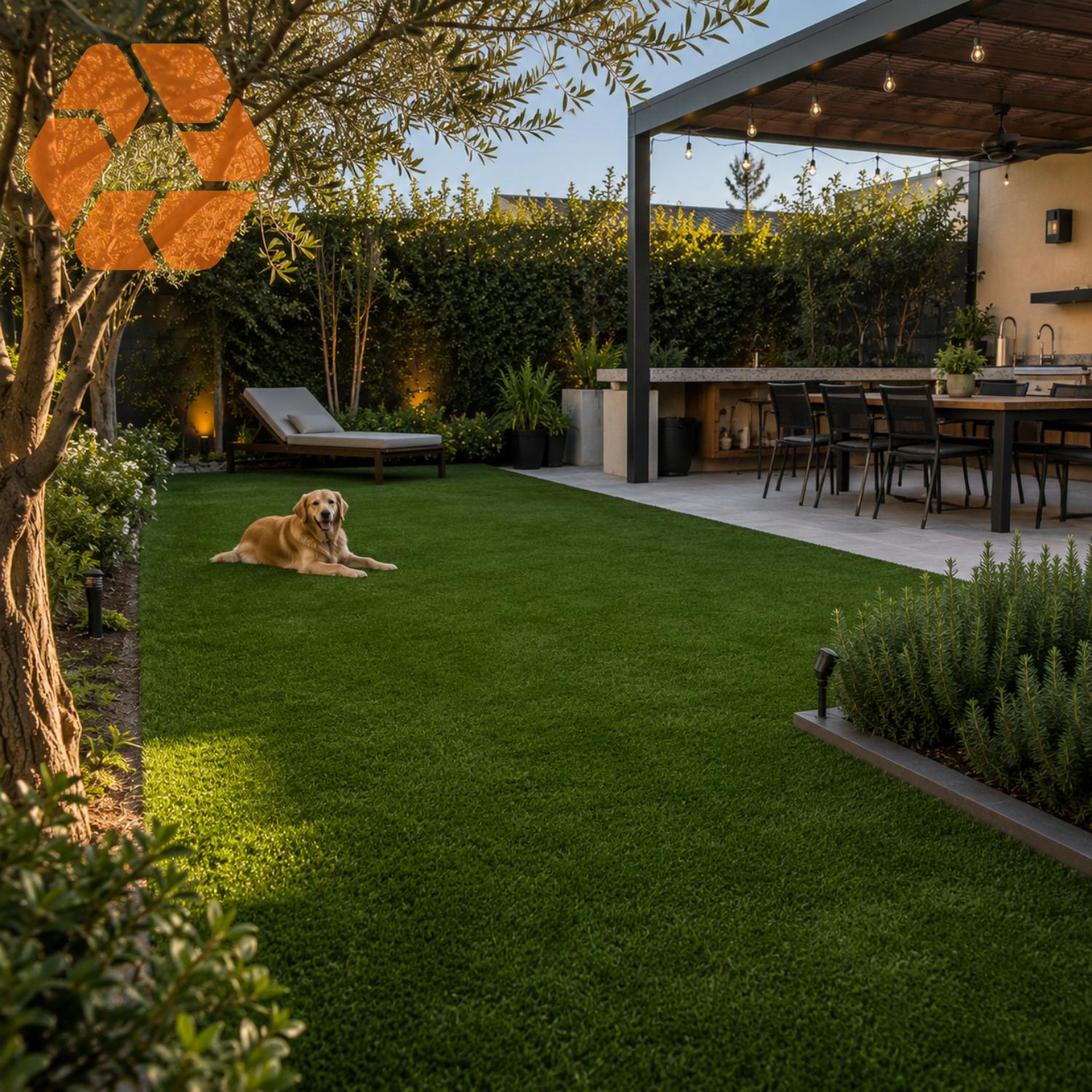 Pasto sintético verde de alta calidad en un jardín residencial con un perro, ideal para exteriores duraderos y sin mantenimiento.