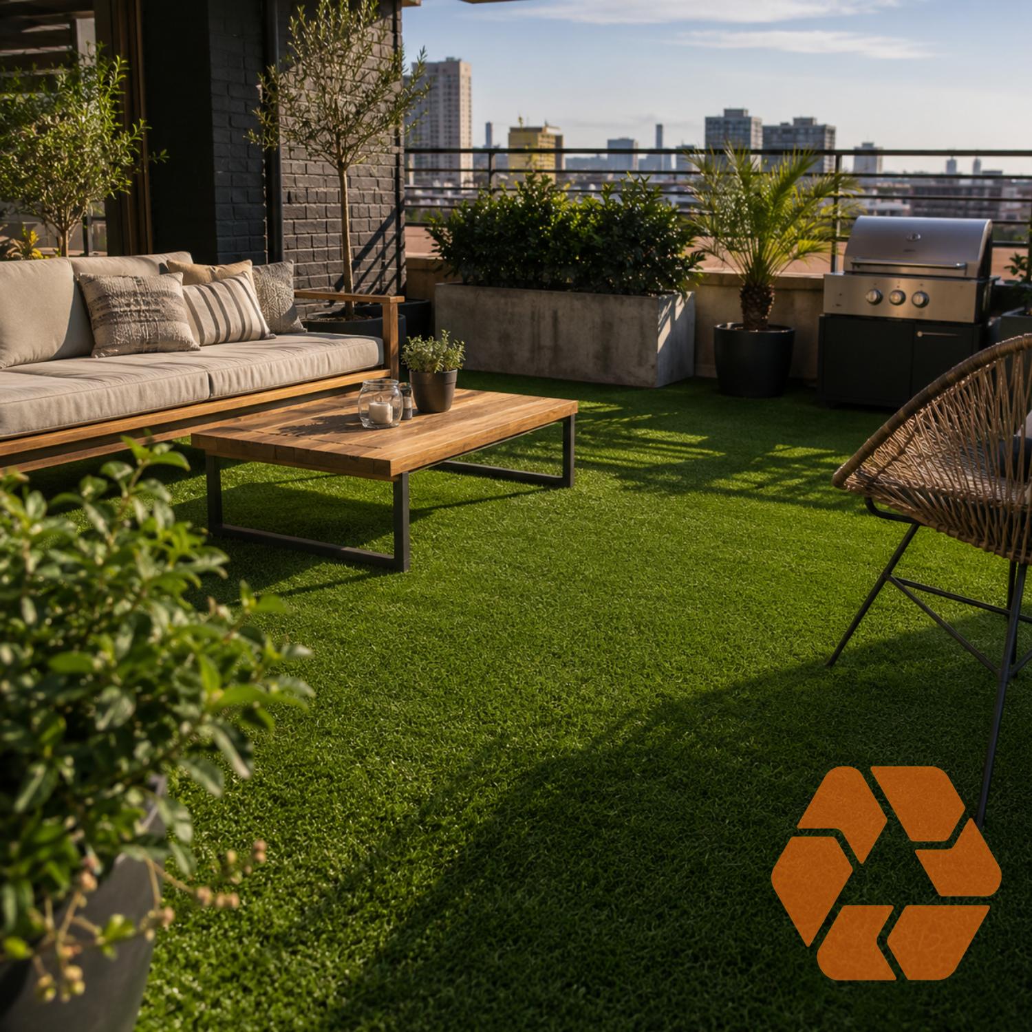 Pasto sintético verde de 7mm instalado en una terraza moderna con muebles de madera, ideal para balcones y espacios exteriores.
