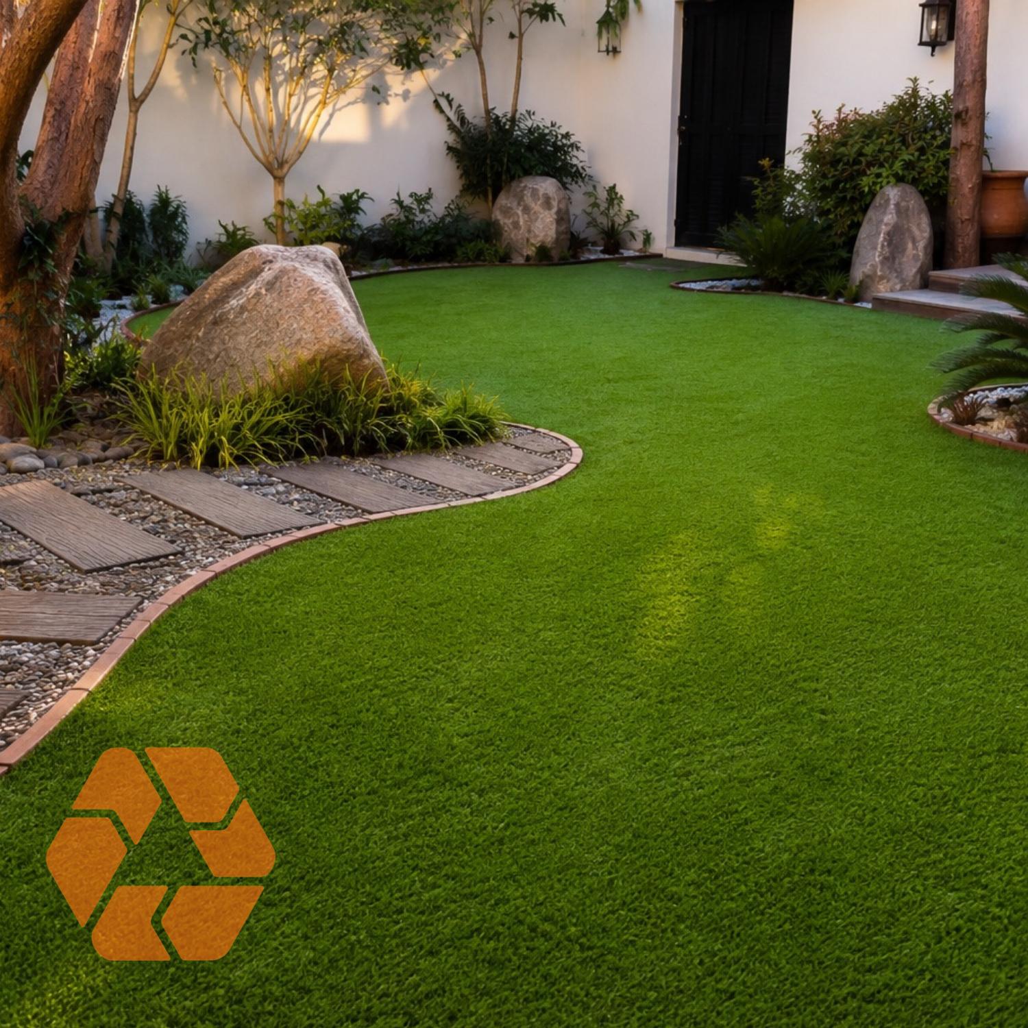 Pasto sintético 8mm de alta calidad en un jardín residencial, resistente a rayos UV y 100% reciclable para un verde impecable.