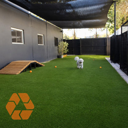 Pasto sintético de 8mm en patio residencial con perro, resistente, ecológico y de alta calidad con filtro UV.