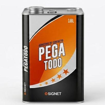 Lata de pegamento de contacto Signet de 18 litros con diseño naranja y negro para uso profesional de alto rendimiento.